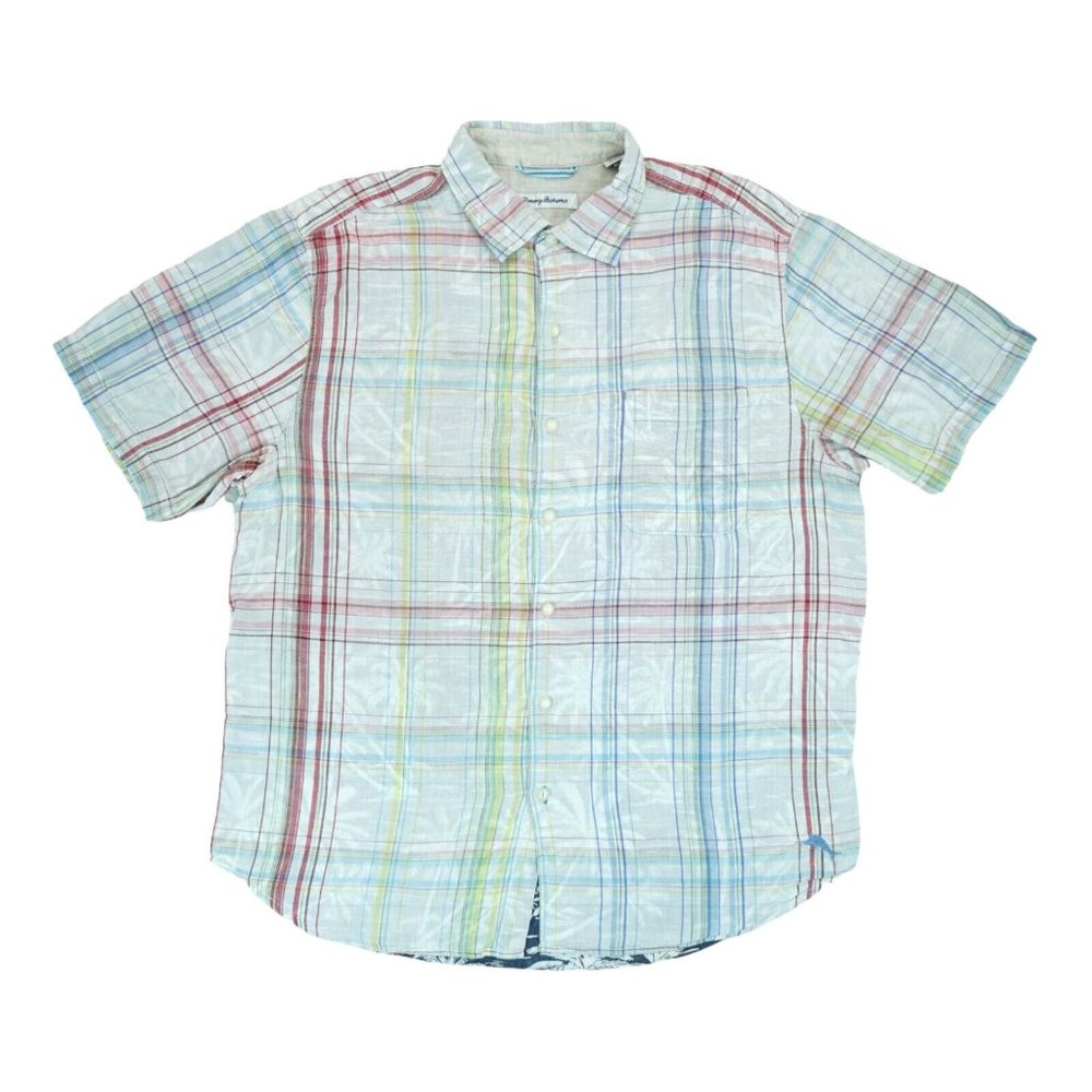 Tommy Bahama Palms Away Plaid Cotton‎ Camp Shirt Mens Bleached Sand Large